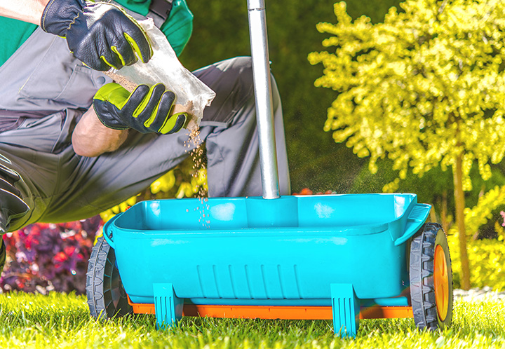 Man filling up a lawn fertilizer spreader with fertilizer