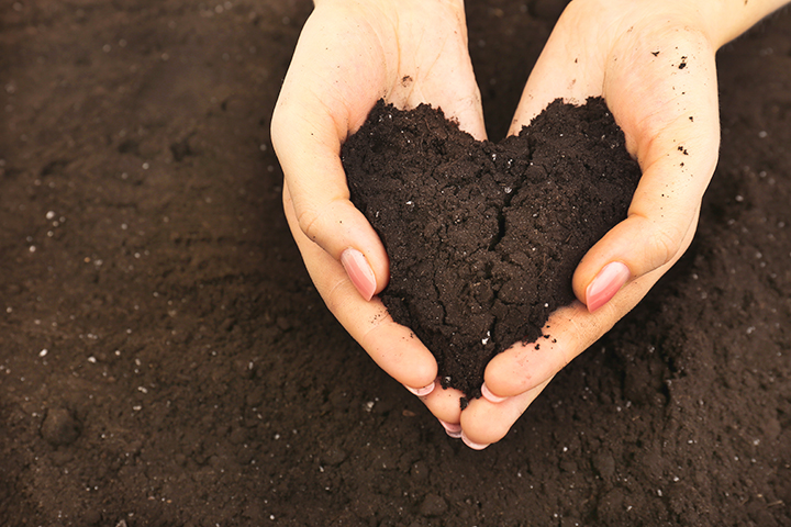 Someone grabbing and cupping dirt from a pile and holding their hands in the shape of a heart